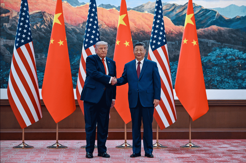 中国国家主席习近平与美国总统特朗普的双边会晤正在北京人民大会堂举行。 图：达志影像/美联社